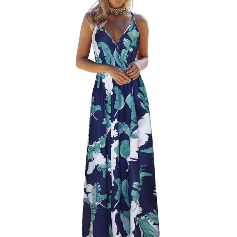 V Neck Floral Adj Spaghetti Strap Beach Maxi Dress